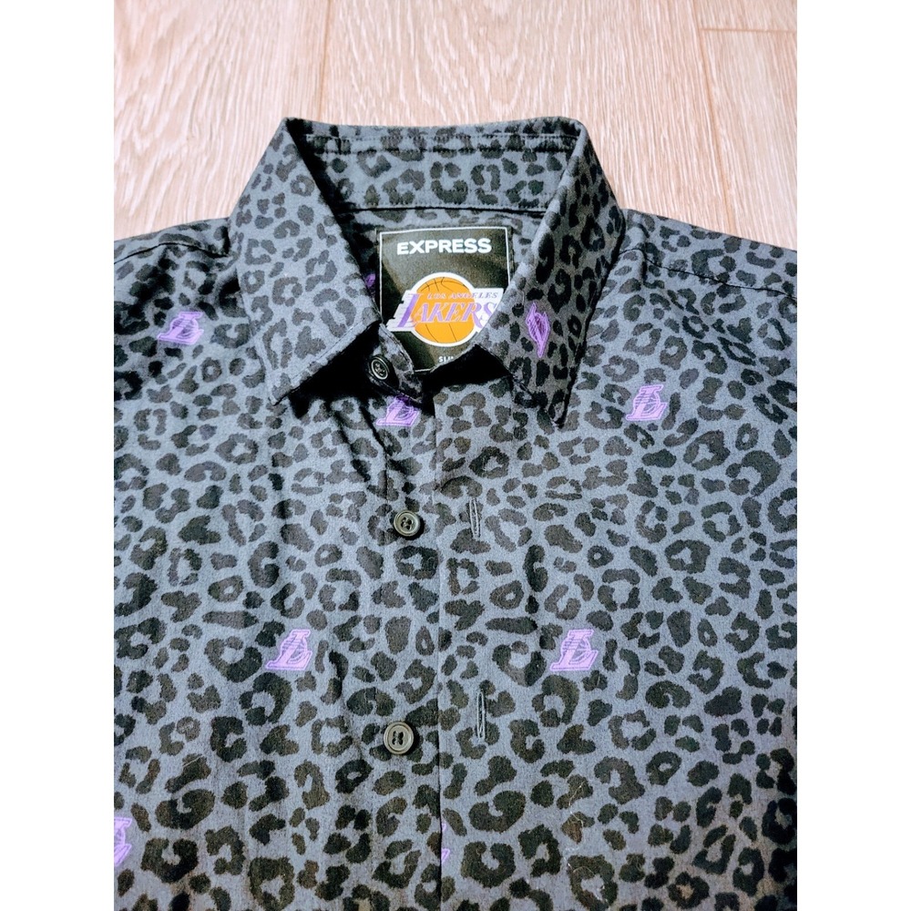 Lakers Button Down Leopard Print Shirt Mens Size S Slim Gray Black Long Sleeve - Picture 5 of 6